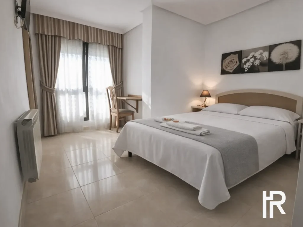 Habitación con cama de matrimonio y luz natural en Limpias